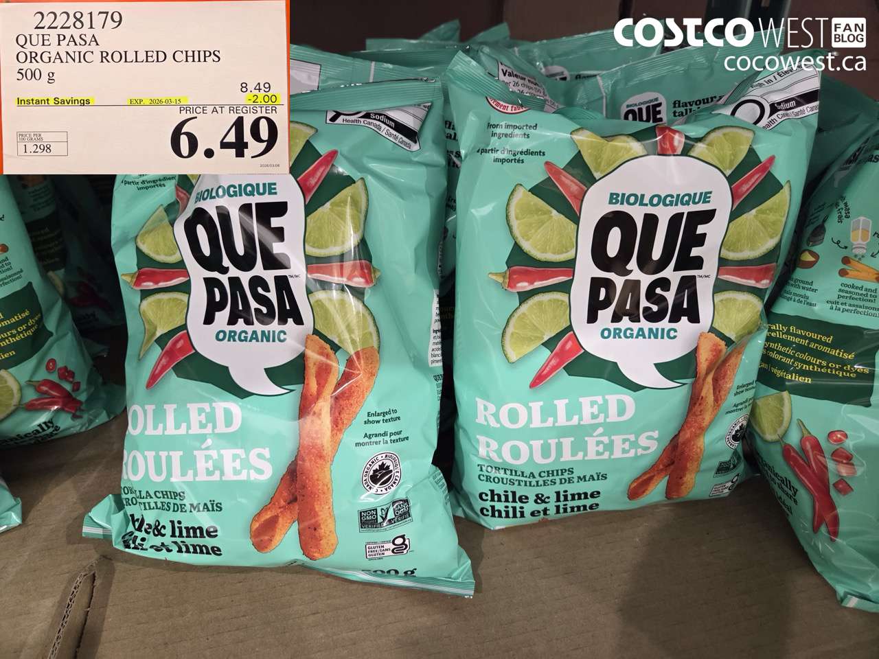 2228179 QUE PASA ORGANIC ROLLED CHIPS 500 G ($2.00 INSTANT SAVINGS EXPIRES ON 2026-03-15) $6.49