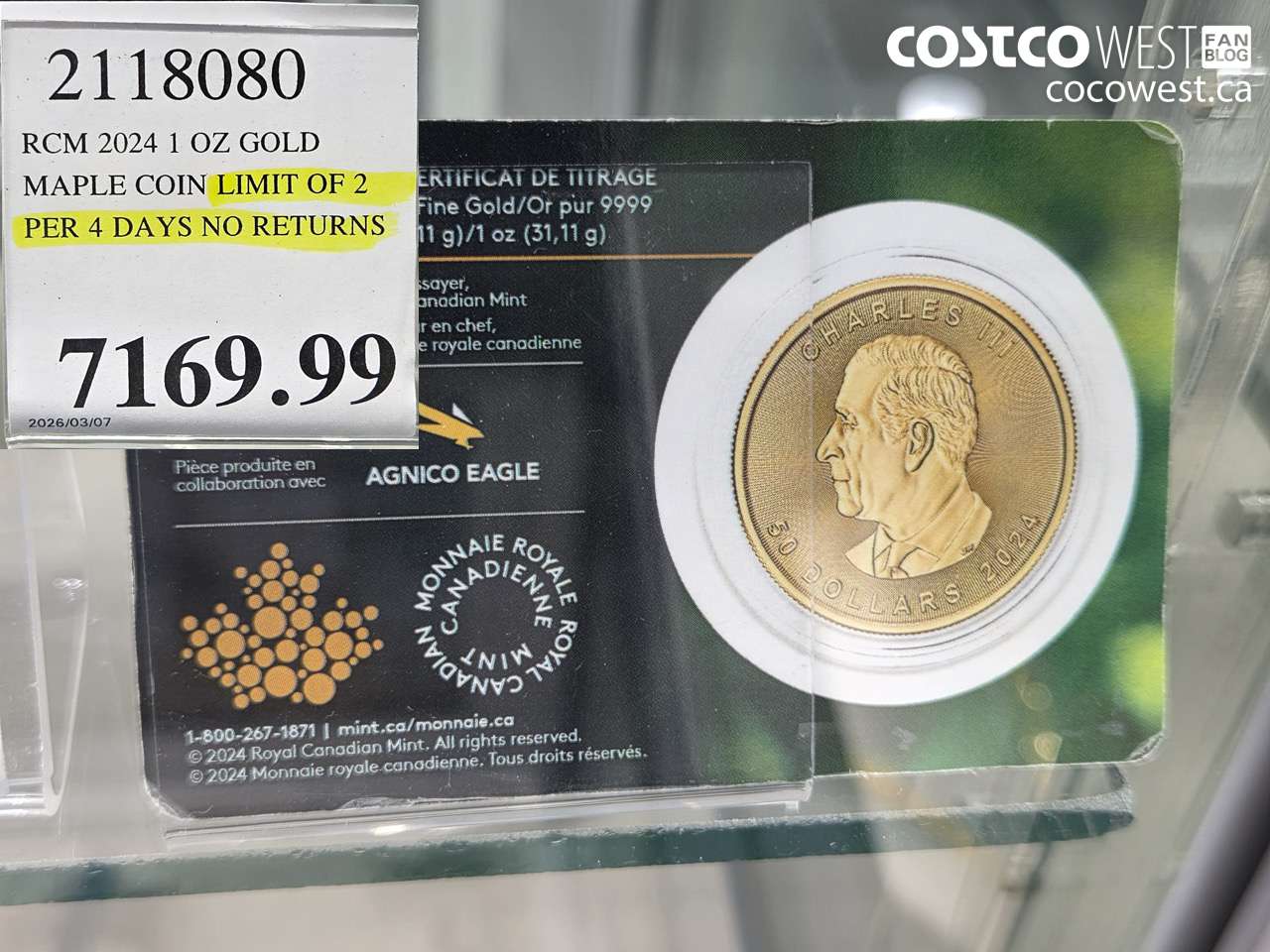 2118080 RCM 2024 1 OZ GOLD MAPLE COIN LIMIT OF 2 PER 4 DAYS NO RETURNS $7169.99