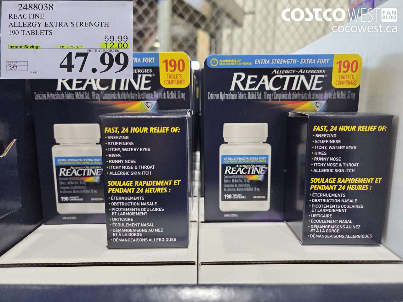 2488038 REACTINE ALLERGY EXTRA STRENGTH 190 TABLETS ($12.00 INSTANT SAVINGS EXPIRES ON 2026-03-15) $47.99