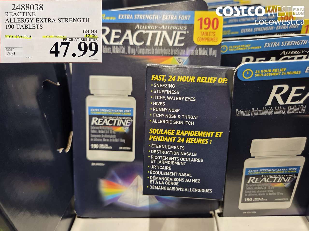 2488038 REACTINE ALLERGY EXTRA STRENGTH 190 TABLETS ($12.00 INSTANT SAVINGS EXPIRES ON 2026-03-15) $47.99