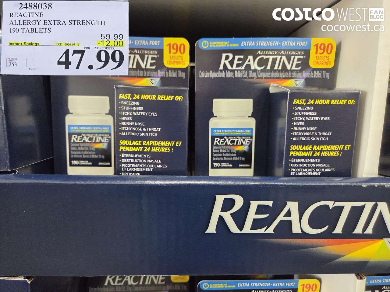 2488038 REACTINE ALLERGY EXTRA STRENGTH 190 TABLETS ($12.00 INSTANT SAVINGS EXPIRES ON 2026-03-15) $47.99
