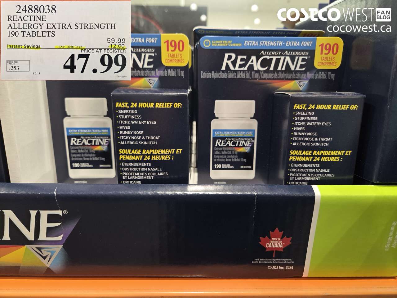 2488038 REACTINE ALLERGY EXTRA STRENGTH 190 TABLETS ($12.00 INSTANT SAVINGS EXPIRES ON 2026-03-15) $47.99