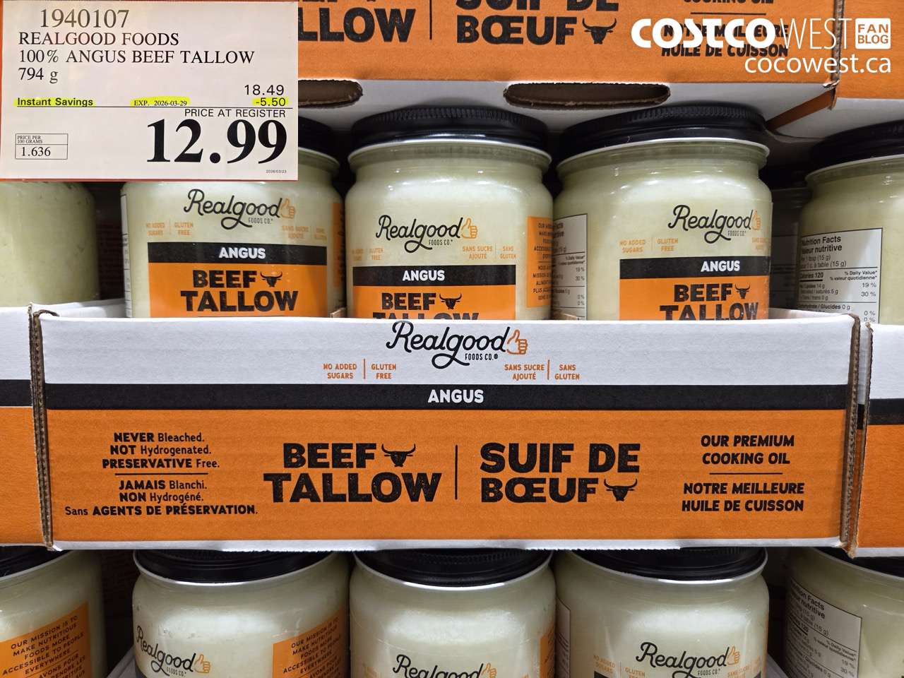 1940107 REALGOOD FOODS 100% ANGUS BEEF TALLOW 794G ($5.50 INSTANT SAVINGS EXPIRES ON 2026-03-29) $12.99