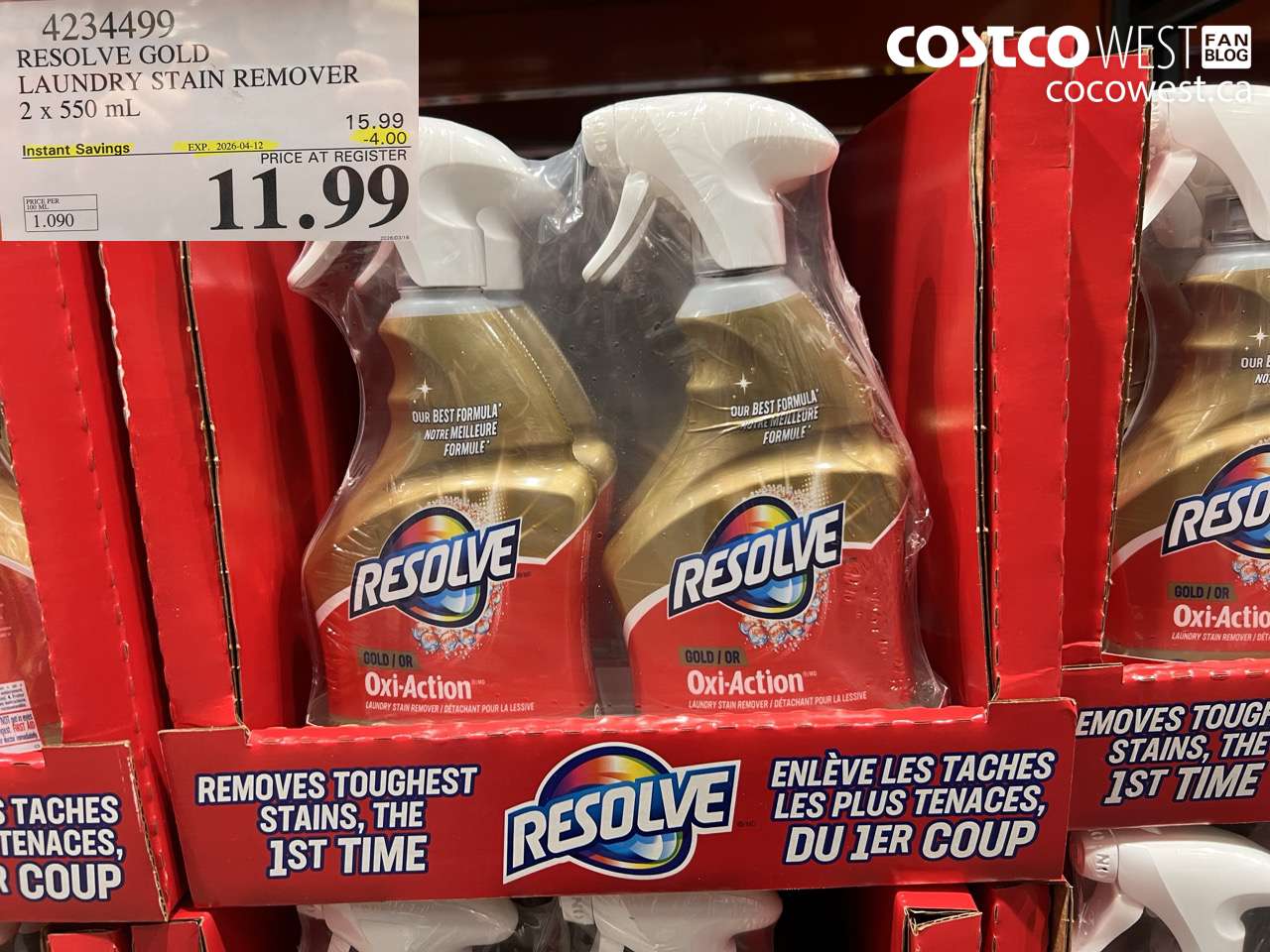 4234499 RESOLVE GOLD LAUNDRY STAIN REMOVER 2 X 550 ML ($4.00 INSTANT SAVINGS EXPIRES ON 2026-04-12) $11.99