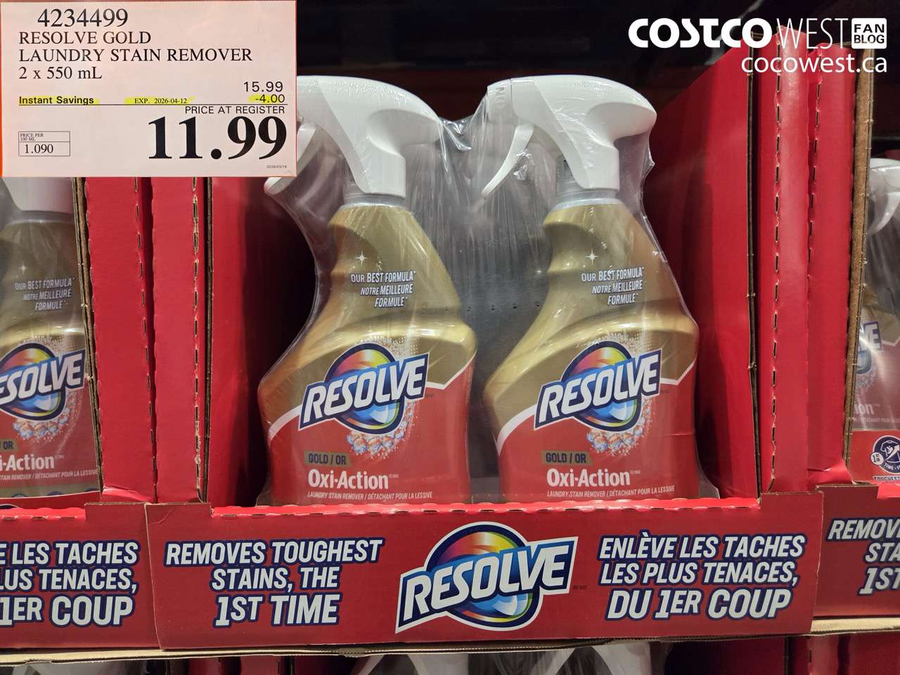 4234499 RESOLVE GOLD LAUNDRY STAIN REMOVER 2 X 550 ML ($4.00 INSTANT SAVINGS EXPIRES ON 2026-04-12) $11.99