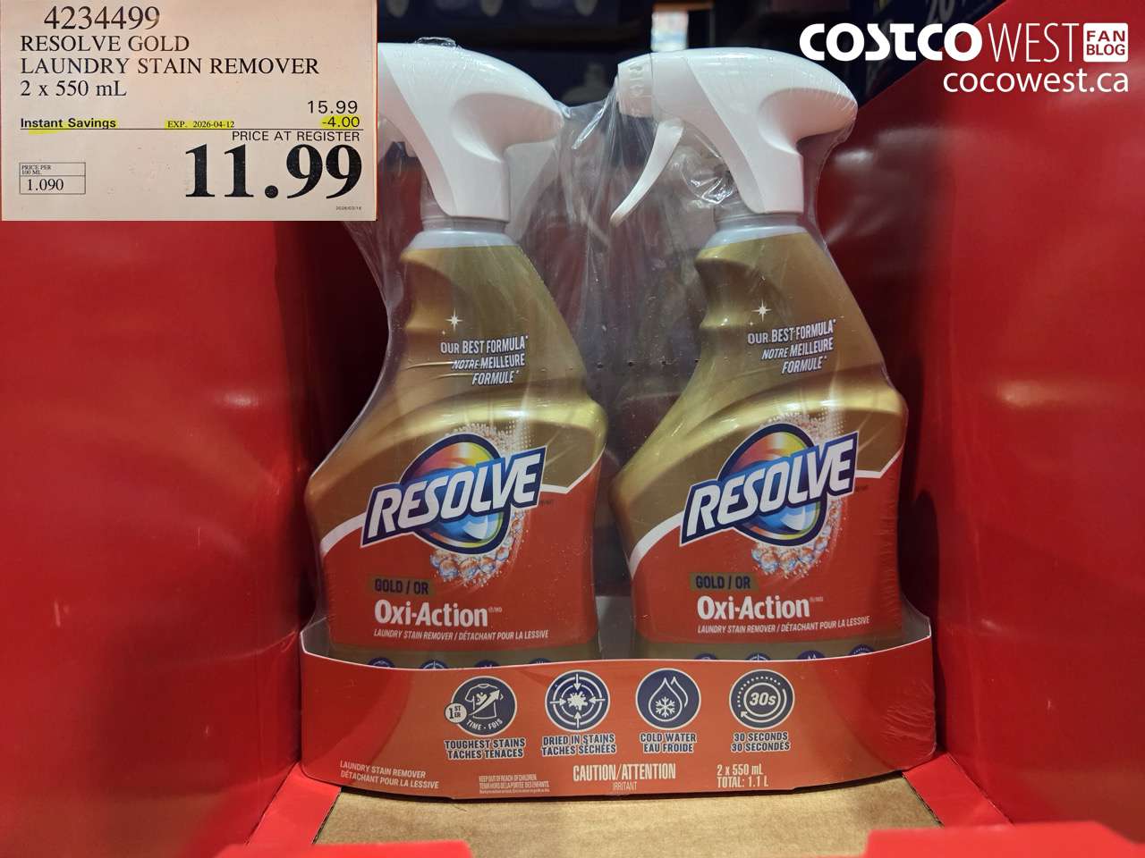 4234499 RESOLVE GOLD LAUNDRY STAIN REMOVER 2 X 550 ML ($4.00 INSTANT SAVINGS EXPIRES ON 2026-04-12) $11.99