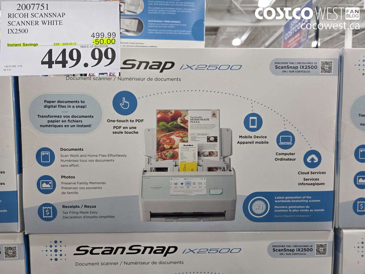 2007751 RICOH SCANSNAP SCANNER WHITE IX2500 ($50.00 INSTANT SAVINGS EXPIRES ON 2026-03-15) $449.99