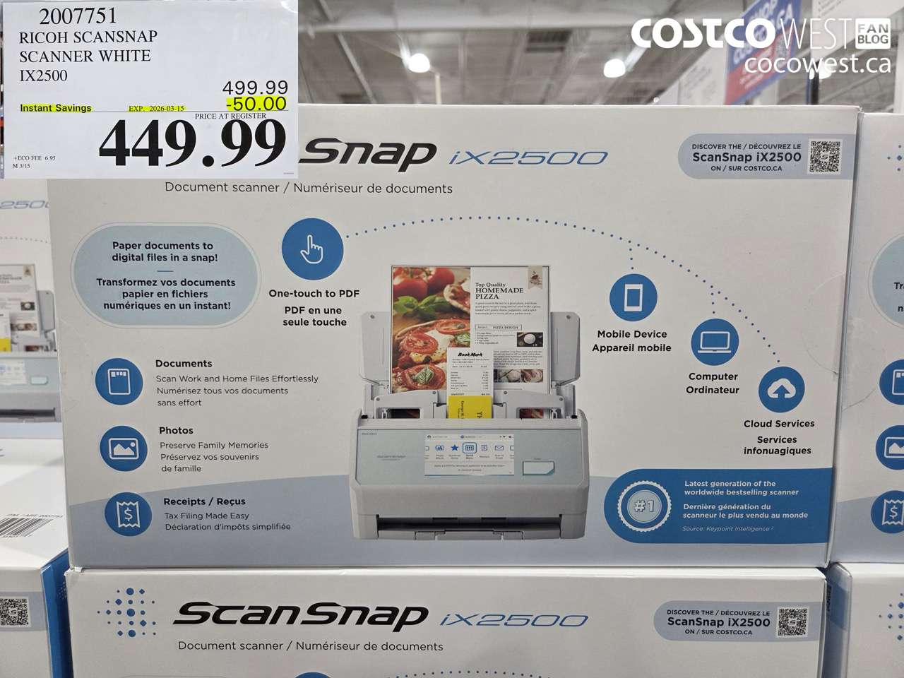 2007751 RICOH SCANSNAP SCANNER WHITE IX2500 ($50.00 INSTANT SAVINGS EXPIRES ON 2026-03-15) $449.99