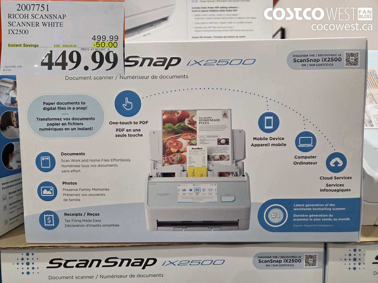 2007751 RICOH SCANSNAP SCANNER WHITE IX2500 ($50.00 INSTANT SAVINGS EXPIRES ON 2026-03-29) $449.99
