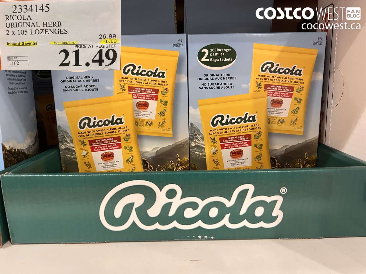 2334145 RICOLA ORIGINAL HERB 2 X 105 LOZENGES ($5.50 INSTANT SAVINGS EXPIRES ON 2026-03-29) $21.49