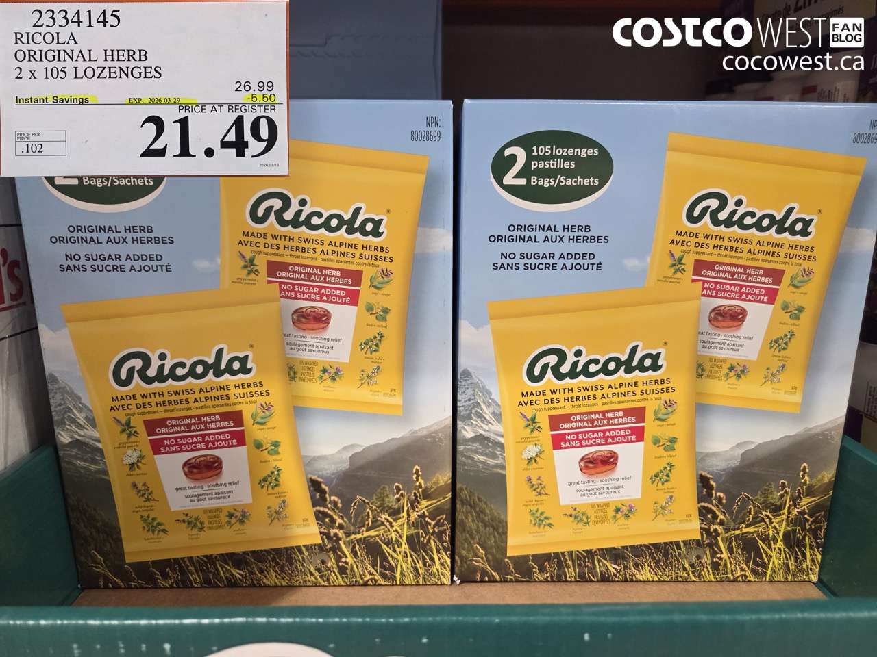2334145 RICOLA ORIGINAL HERB 2 X 105 LOZENGES ($5.50 INSTANT SAVINGS EXPIRES ON 2026-03-29) $21.49