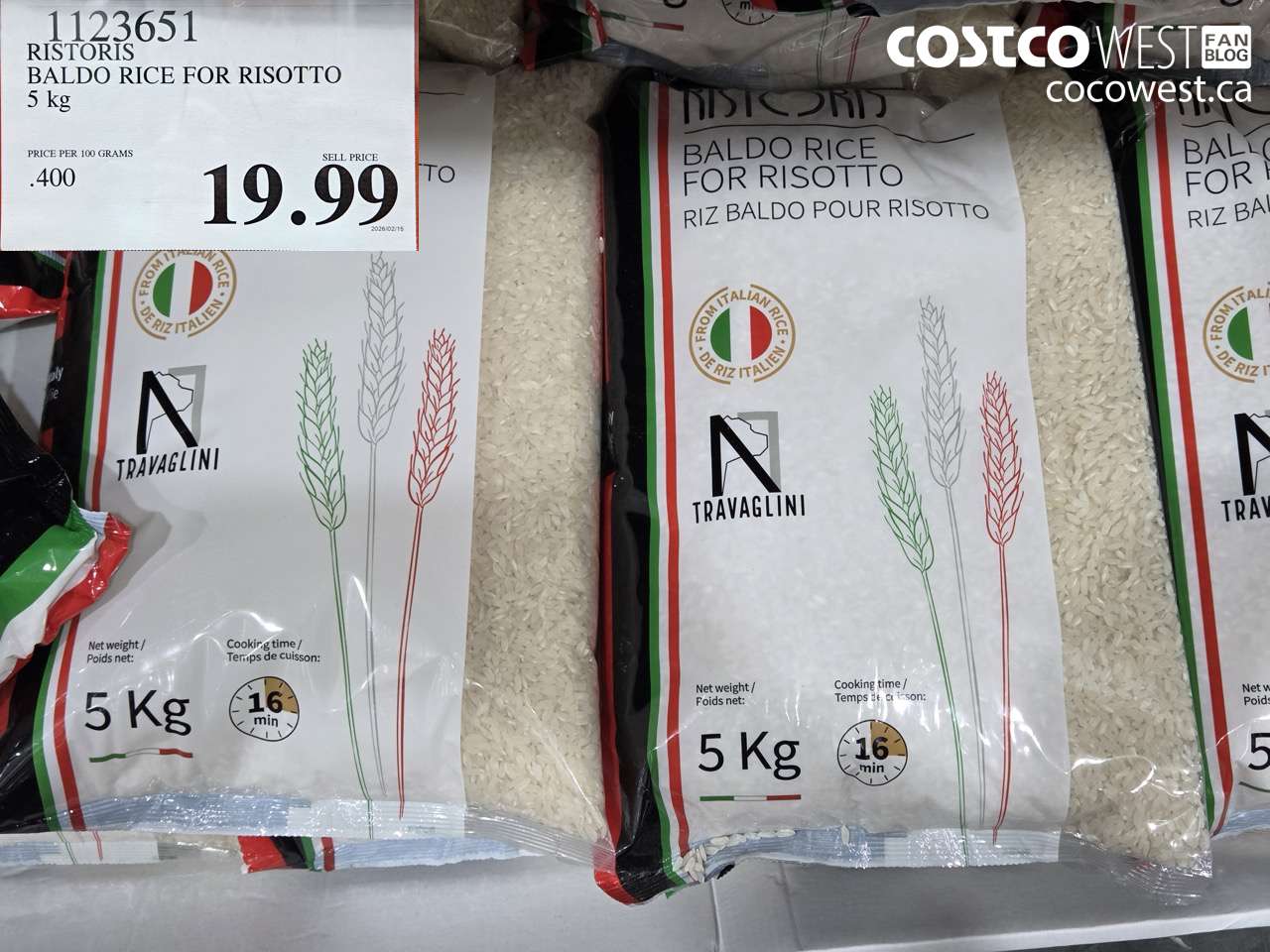 1123651 RISTORIS BALDO RICE FOR RISOTTO 5 KG $19.99