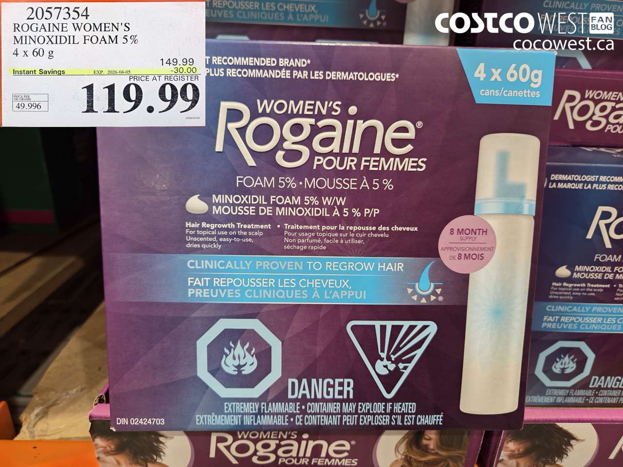 2057354 ROGAINE WOMEN'S MINOXIDIL FOAM 5% 4 X 60 G ($30.00 INSTANT SAVINGS EXPIRES ON 2026-04-05) $119.99