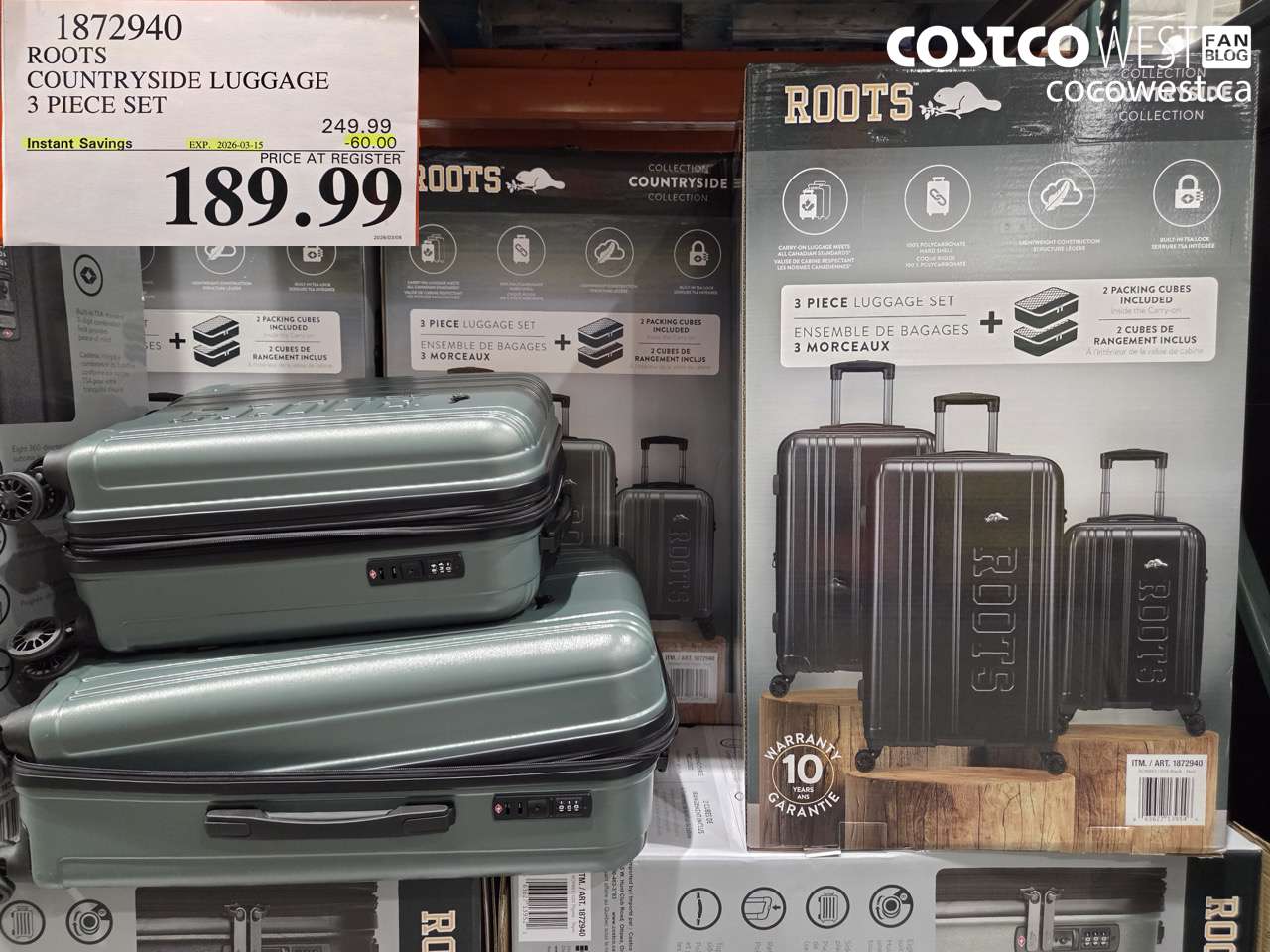 1872940 ROOTS COUNTRYSIDE LUGGAGE 3 PIECE SET ($60.00 INSTANT SAVINGS EXPIRES ON 2026-03-15) $189.99