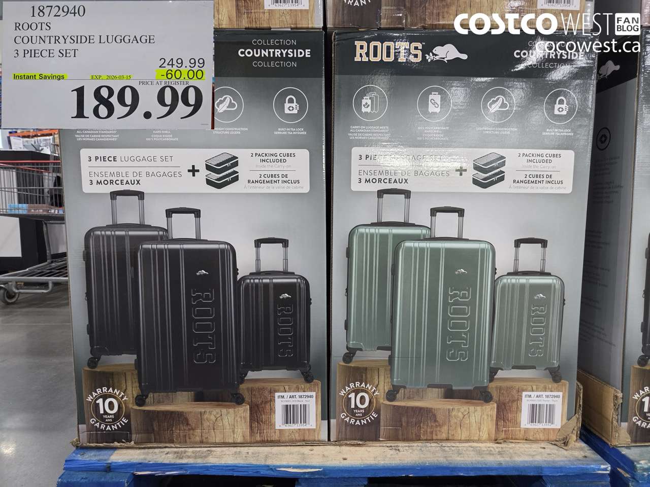 1872940 ROOTS COUNTRYSIDE LUGGAGE 3 PIECE SET ($60.00 INSTANT SAVINGS EXPIRES ON 2026-03-15) $189.99