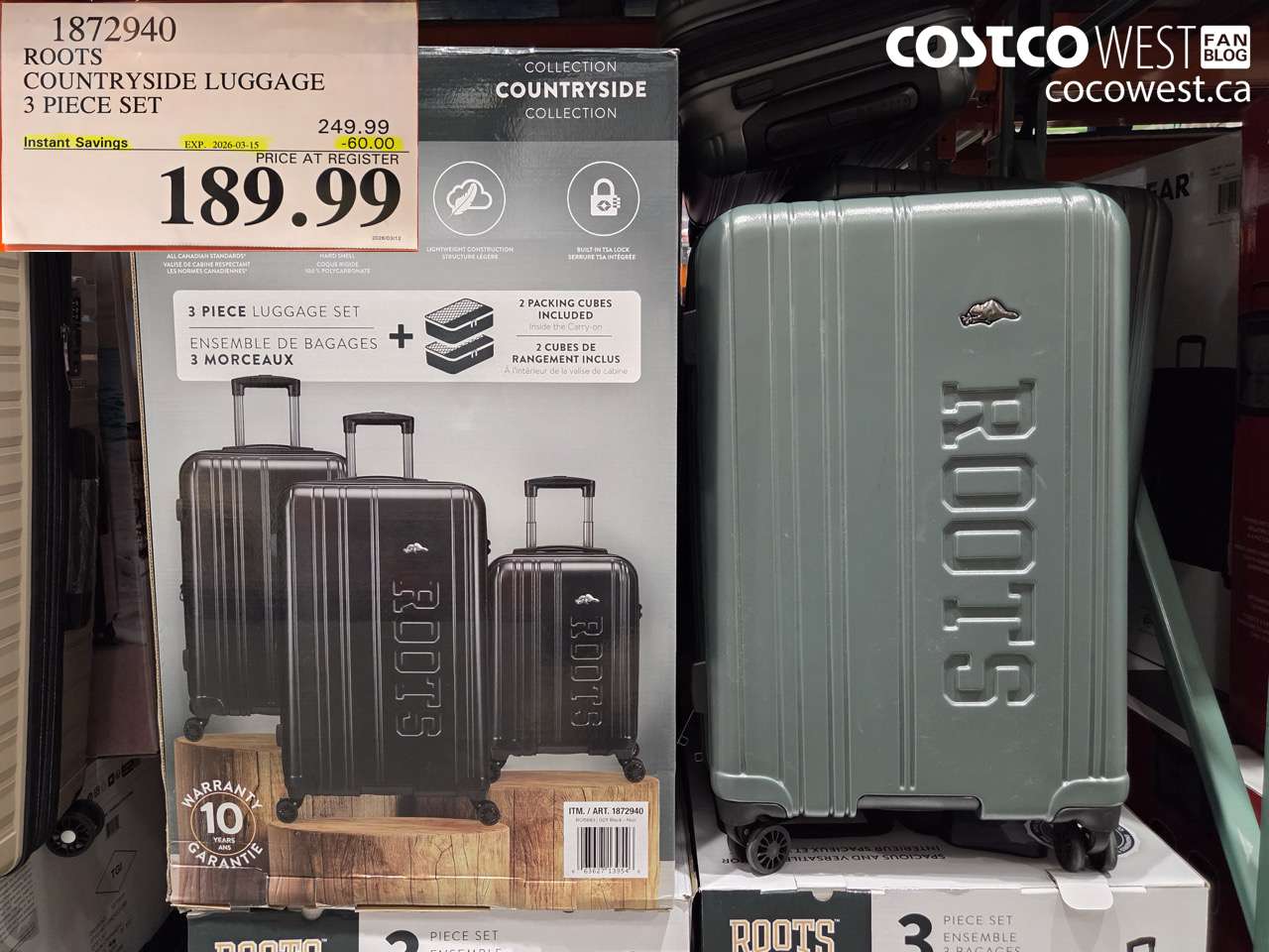 1872940 ROOTS COUNTRYSIDE LUGGAGE 3 PIECE SET ($60.00 INSTANT SAVINGS EXPIRES ON 2026-03-15) $189.99