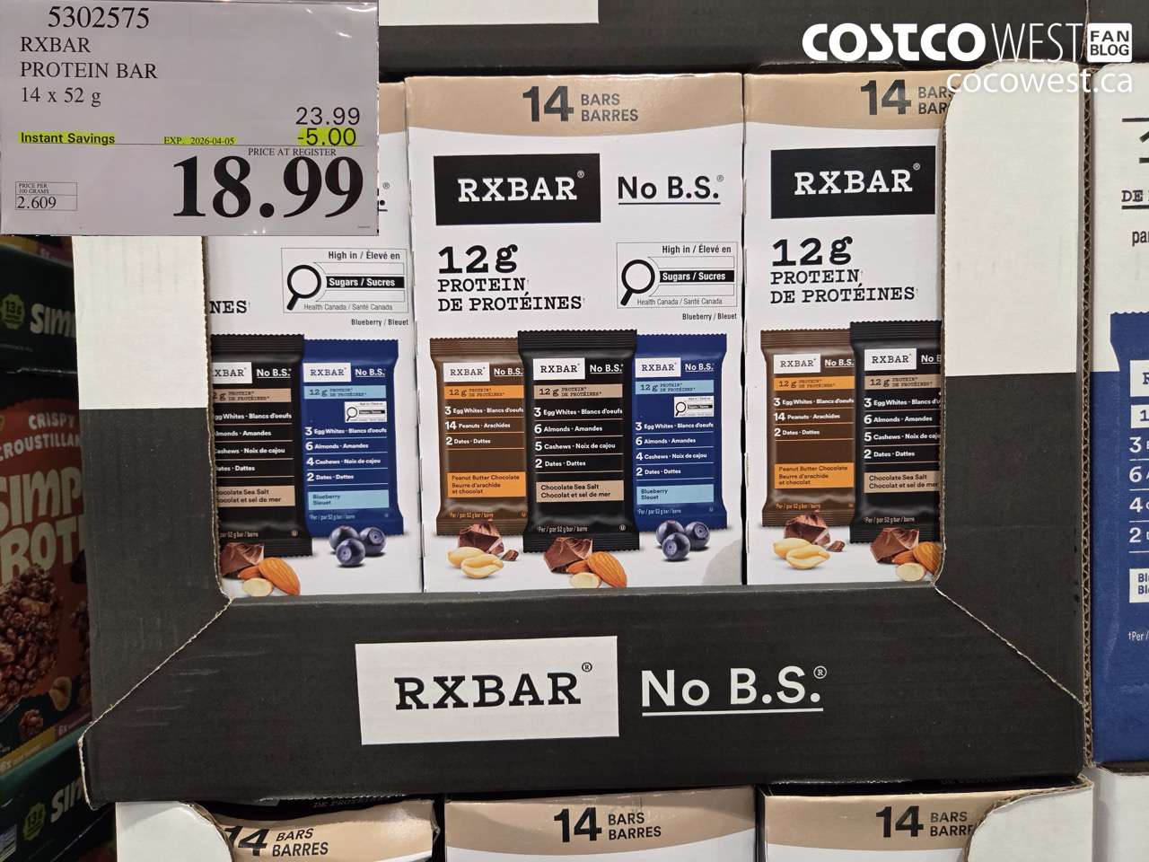 5302575 RXBAR PROTEIN BAR 14 X 52 G ($5.00 INSTANT SAVINGS EXPIRES ON 2026-04-05) $18.99