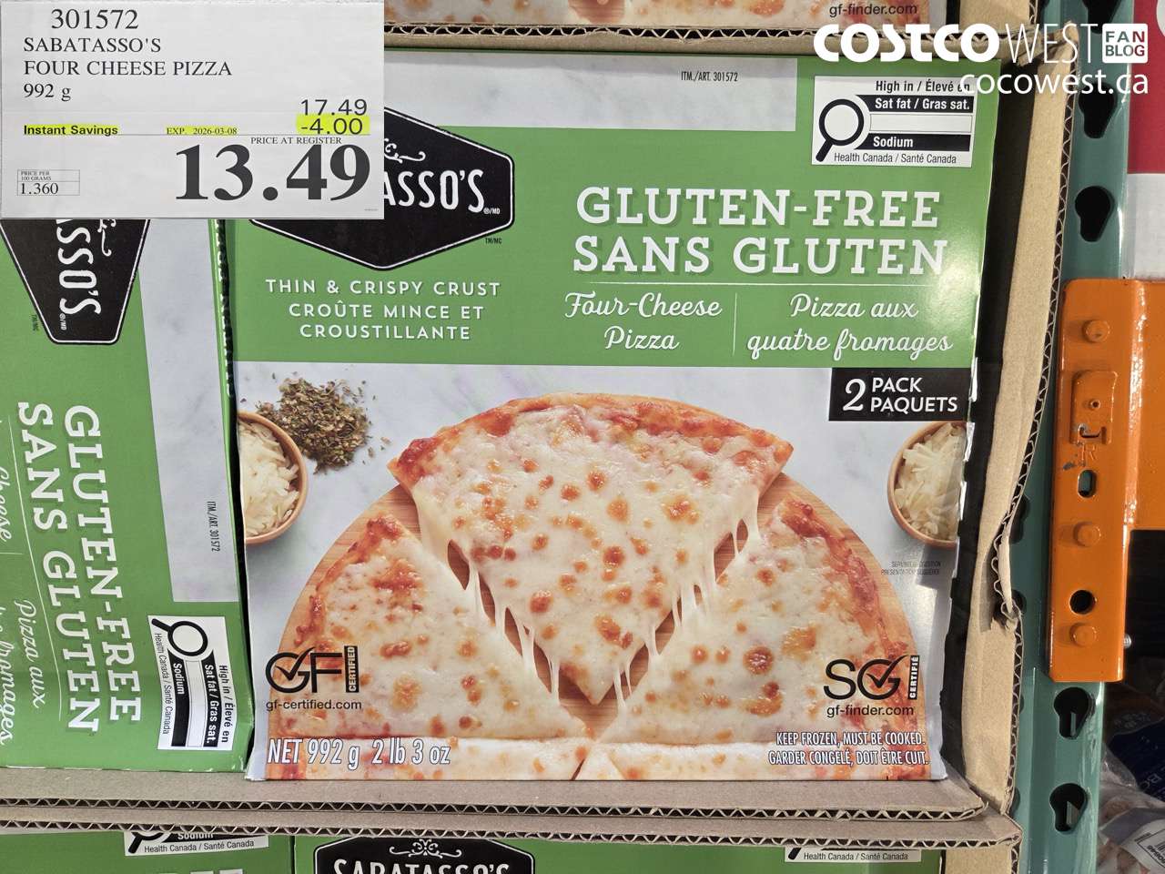 301572 SABATASSO'S FOUR CHEESE PIZZA 992 G ($4.00 INSTANT SAVINGS EXPIRES ON 2026-03-08) $13.49