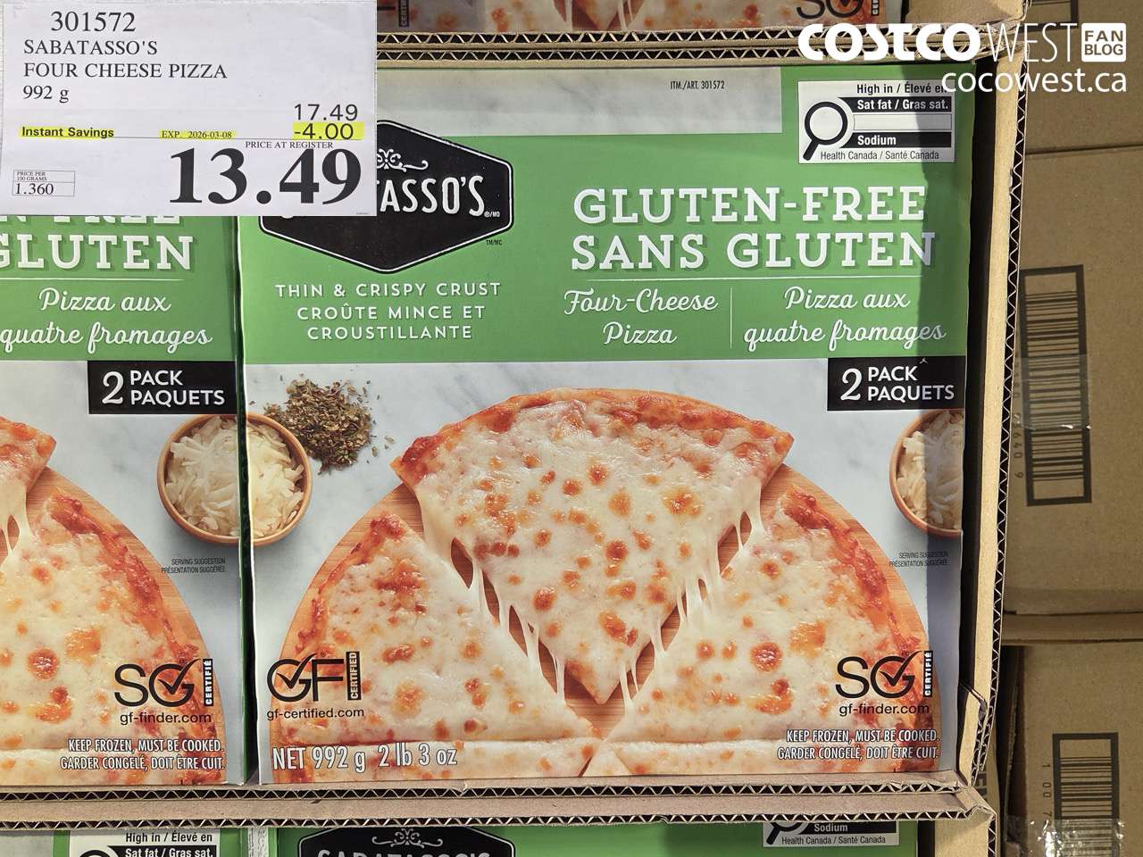 301572 SABATASSO'S FOUR CHEESE PIZZA 992 G ($4.00 INSTANT SAVINGS EXPIRES ON 2026-03-08) $13.49