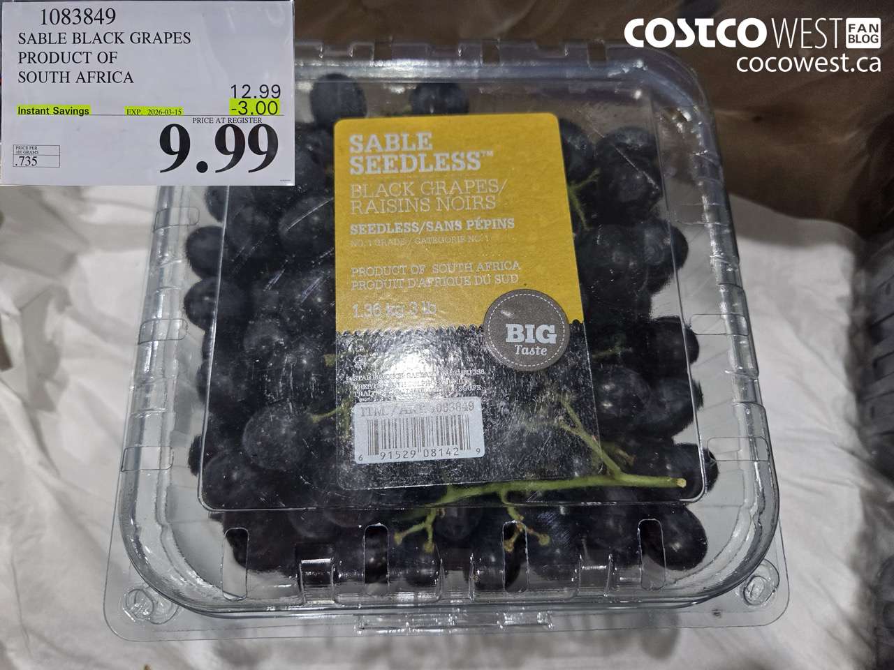 1083849 SABLE BLACK GRAPES PRODUCT OF SOUTH AFRICA ($3.00 INSTANT SAVINGS EXPIRES ON 2026-03-15) $9.99