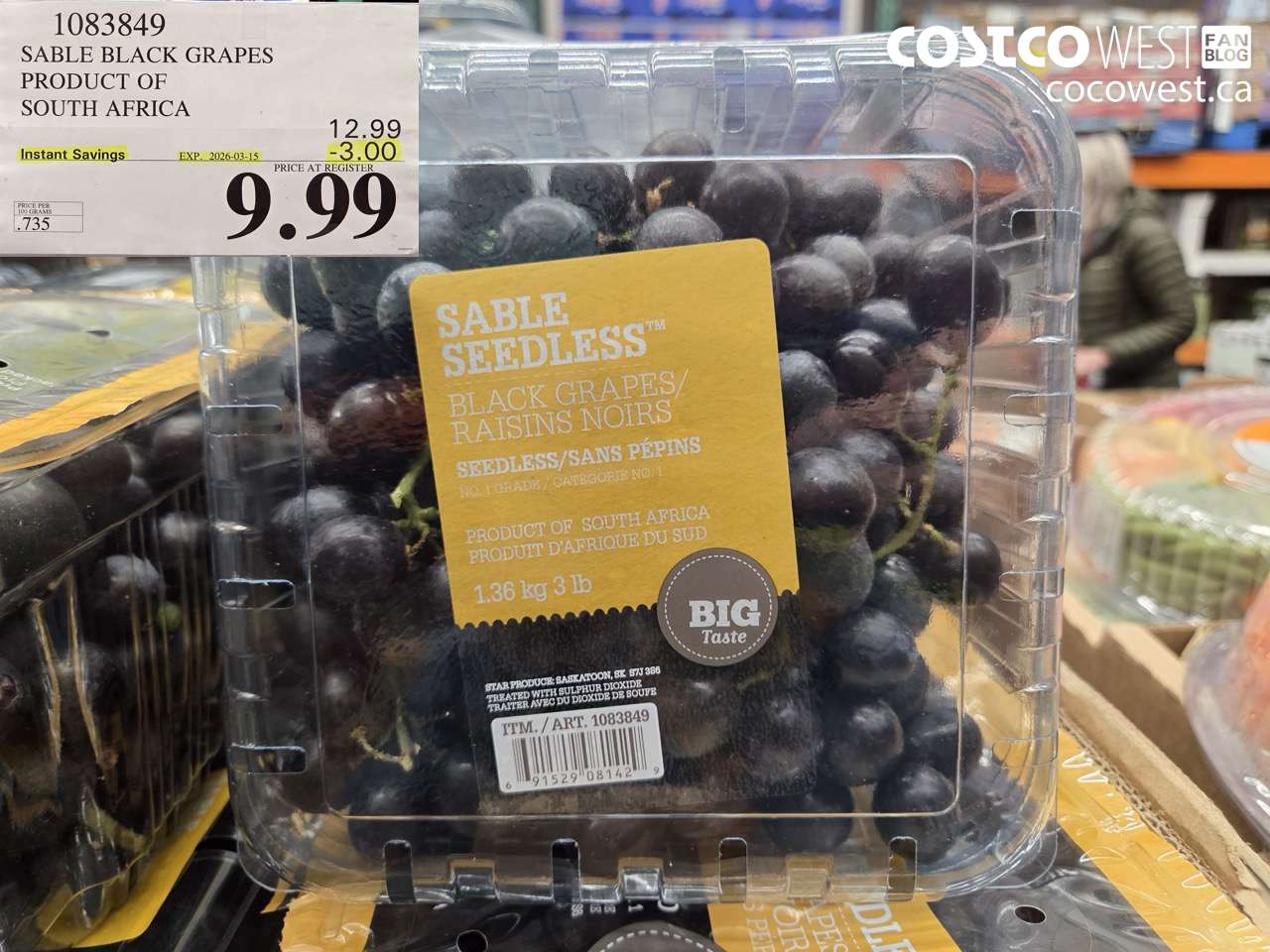 1083849 SABLE BLACK GRAPES PRODUCT OF SOUTH AFRICA ($3.00 INSTANT SAVINGS EXPIRES ON 2026-03-15) $9.99