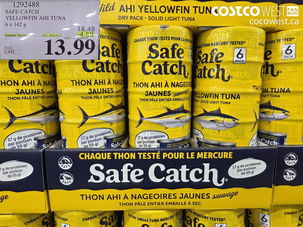 1292488 SAFE CATCH YELLOWFIN AHI TUNA 6 X 142G ($4.50 INSTANT SAVINGS EXPIRES ON 2026-03-15) $13.99