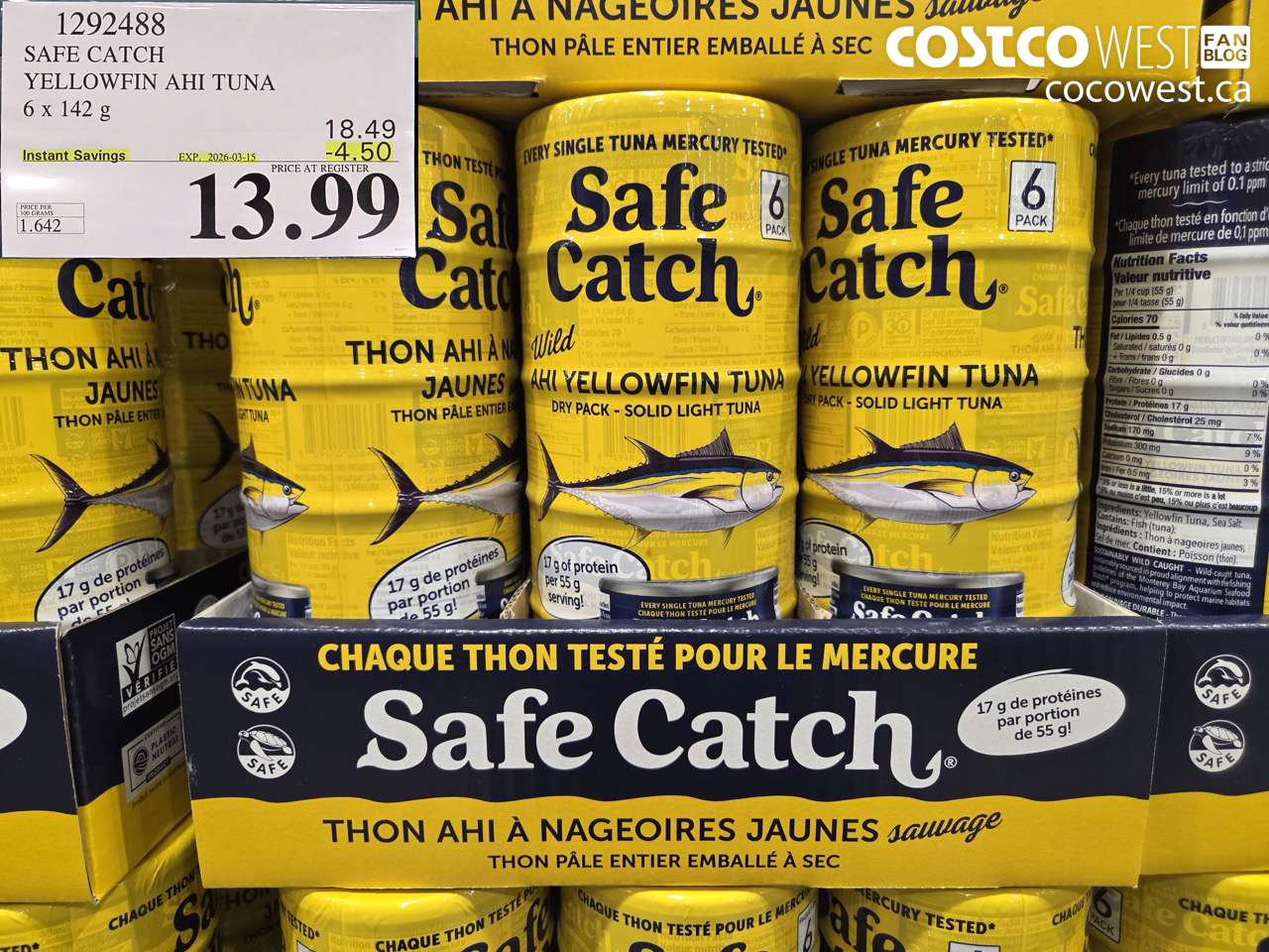 1292488 SAFE CATCH YELLOWFIN AHI TUNA 6 X 142 G ($4.50 INSTANT SAVINGS EXPIRES ON 2026-03-15) $13.99