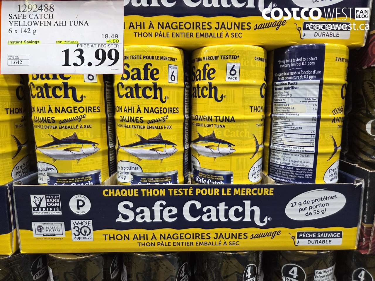 1292488 SAFE CATCH YELLOWFIN AHI TUNA 6 X 142 G ($4.50 INSTANT SAVINGS EXPIRES ON 2026-03-15) $13.99