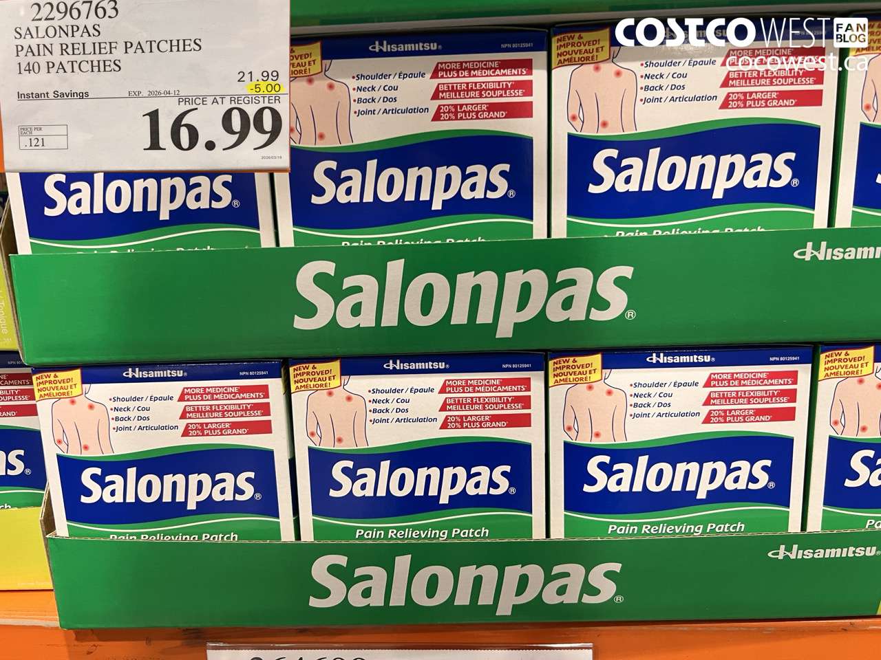 2296763 SALONPAS PAIN RELIEF PATCHES 140 PATCHES ($5.00 INSTANT SAVINGS EXPIRES ON 2026-04-12) $16.99
