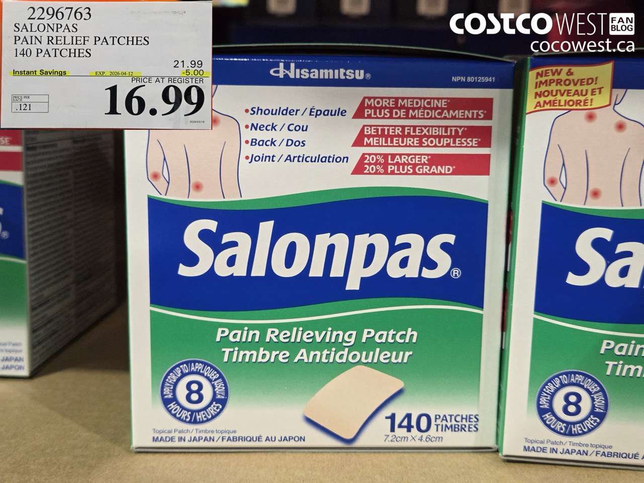 2296763 SALONPAS PAIN RELIEF PATCHES 140 PATCHES ($5.00 INSTANT SAVINGS EXPIRES ON 2026-04-12) $16.99
