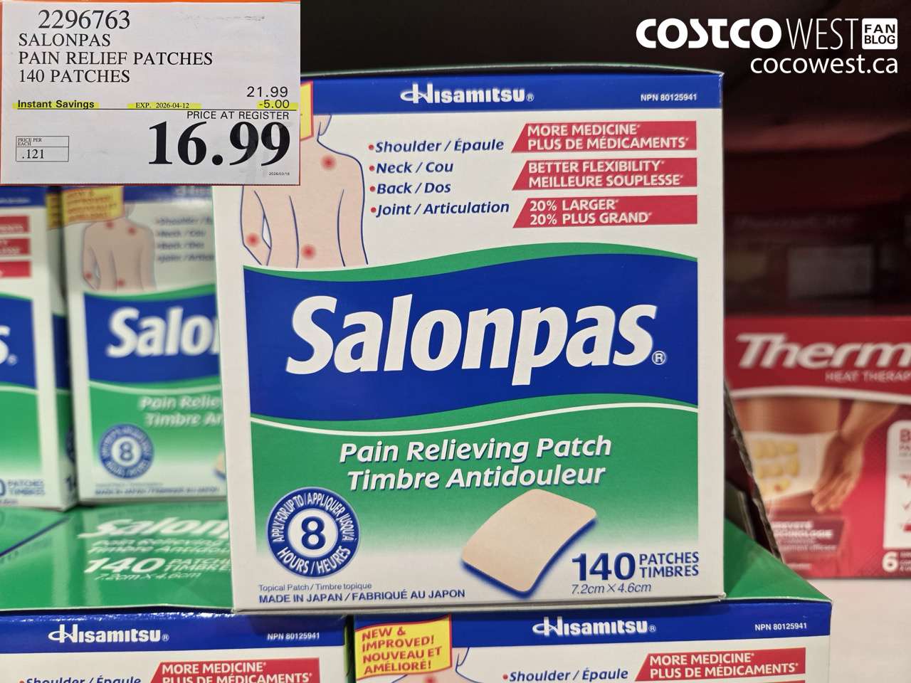 2296763 SALONPAS PAIN RELIEF PATCHES 140 PATCHES ($5.00 INSTANT SAVINGS EXPIRES ON 2026-04-12) $16.99