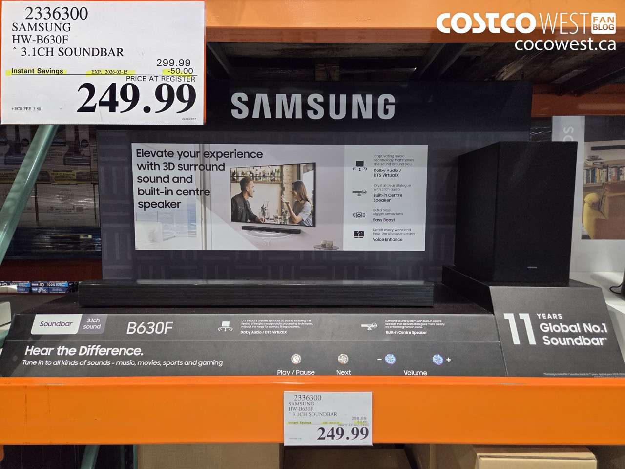 2336300 SAMSUNG HW-B630F 3.1CH SOUNDBAR ($50.00 INSTANT SAVINGS EXPIRES ON 2026-03-15) $249.99