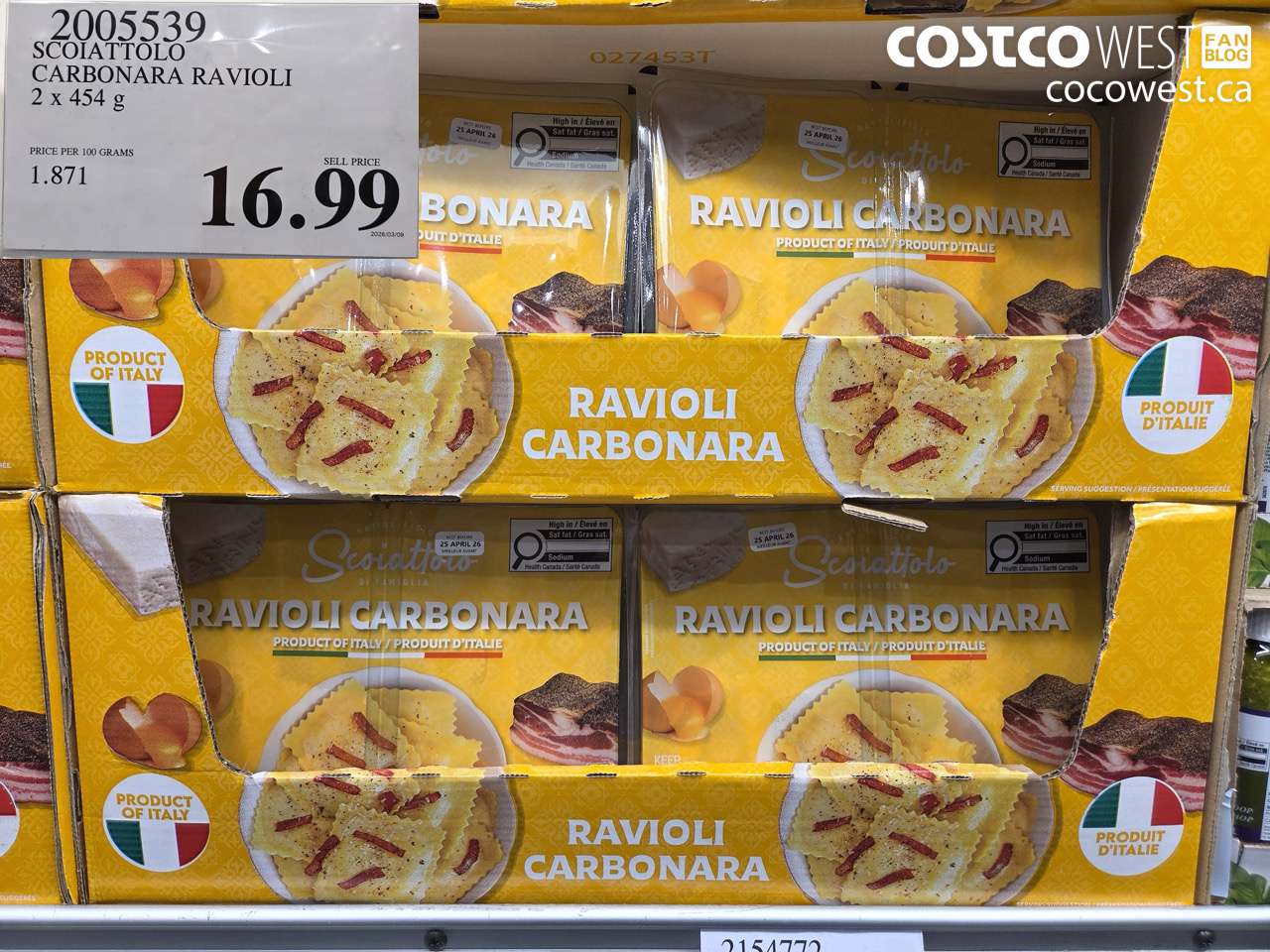 2005539 SCOIATTOLO CARBONARA RAVIOLI 2 X 454G $16.99