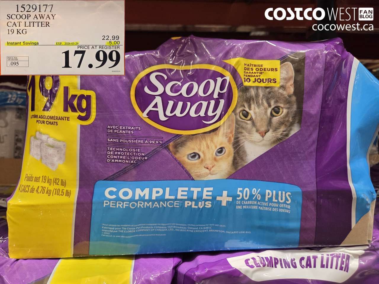 1529177 SCOOP AWAY CAT LITTER 19 KG ($5.00 INSTANT SAVINGS EXPIRES ON 2026-03-29) $17.99