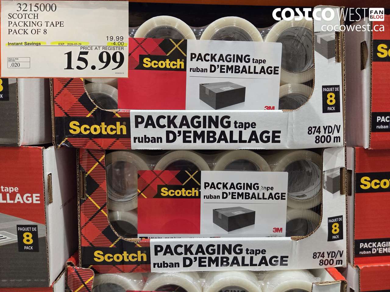 3215000 SCOTCH PACKING TAPE PACK OF 8 ($4.00 INSTANT SAVINGS EXPIRES ON 2026-03-29) $15.99