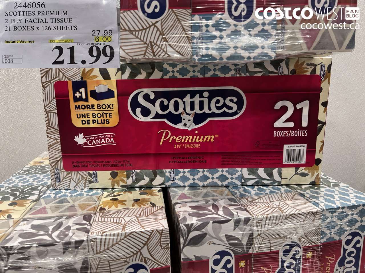 2446056 SCOTTIES PREMIUM 2 PLY FACIAL TISSUE 21 BOXES X 126 SHEETS ($6.00 INSTANT SAVINGS EXPIRES ON 2026-03-29) $21.99