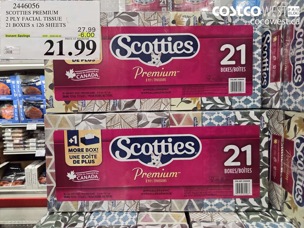 2446056 SCOTTIES PREMIUM 2 PLY FACIAL TISSUE 21 BOXES X 126 SHEETS ($6.00 INSTANT SAVINGS EXPIRES ON 2026-04-05) $21.99