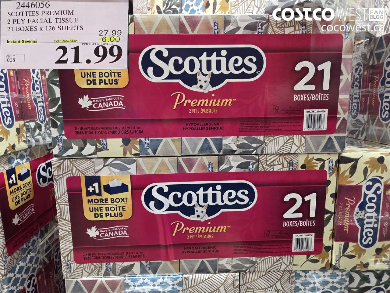 2446056 SCOTTIES PREMIUM 2 PLY FACIAL TISSUE 21 BOXES X 126 SHEETS ($6.00 INSTANT SAVINGS EXPIRES ON 2026-04-05) $21.99