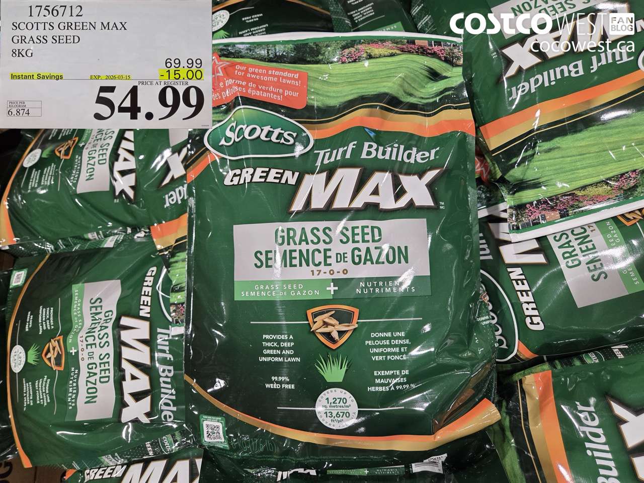 1756712 SCOTTS GREEN MAX GRASS SEED 8KG ($15.00 INSTANT SAVINGS EXPIRES ON 2026-03-15) $54.99