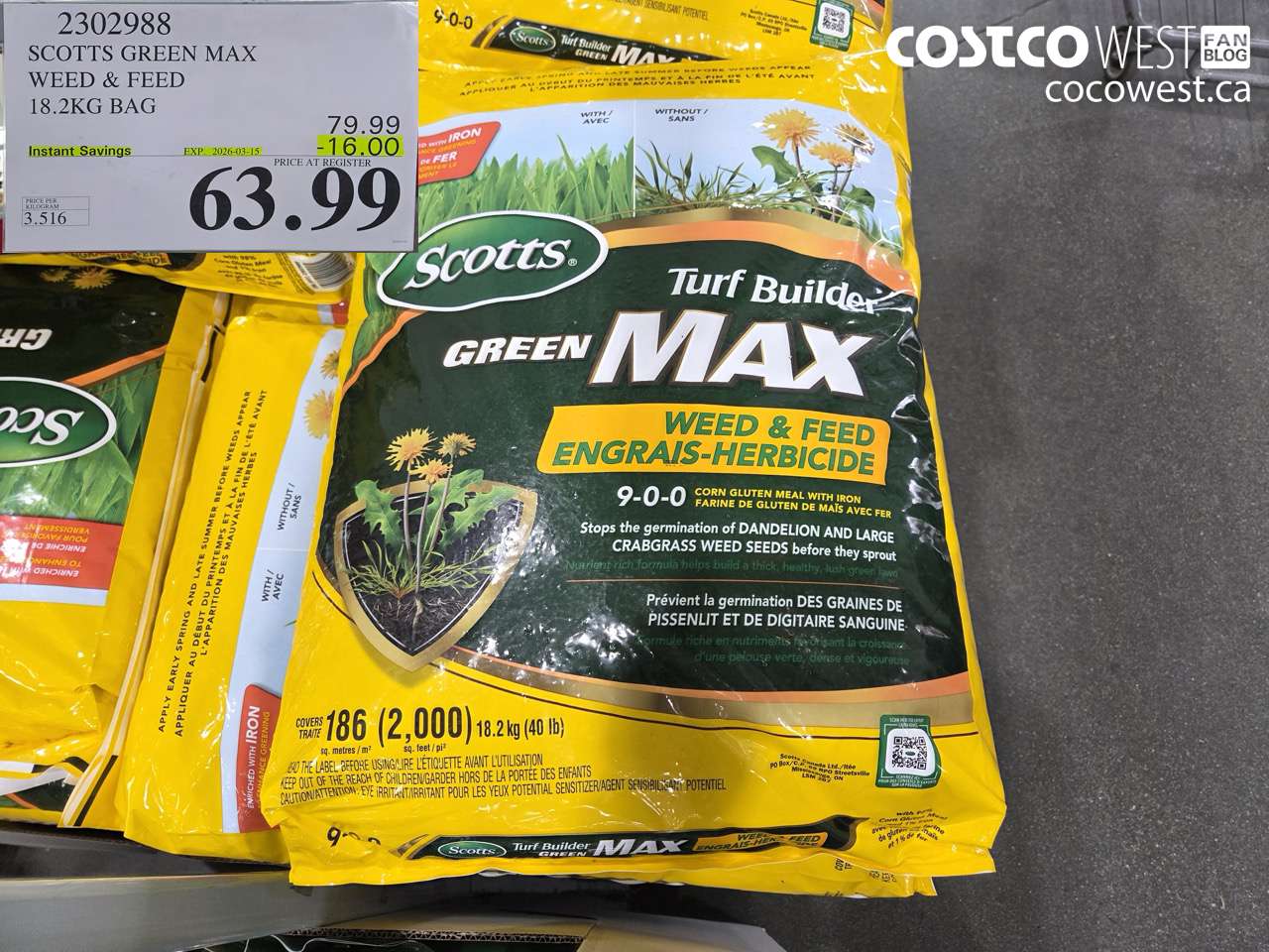 2302988 SCOTTS GREEN MAX WEED & FEED 18.2KG BAG ($16.00 INSTANT SAVINGS EXPIRES ON 2026-03-15) $63.99