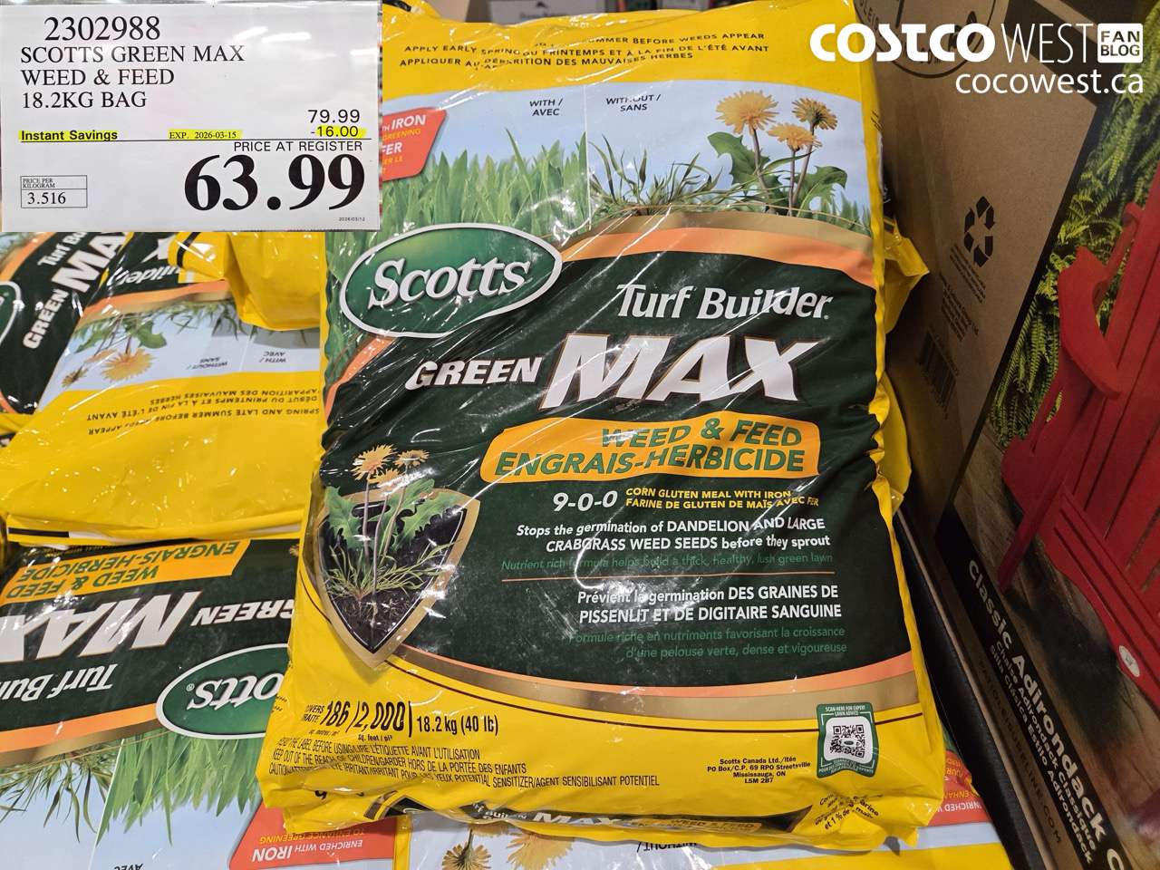 2302988 SCOTTS GREEN MAX WEED & FEED 18.2KG BAG ($16.00 INSTANT SAVINGS EXPIRES ON 2026-03-15) $63.99