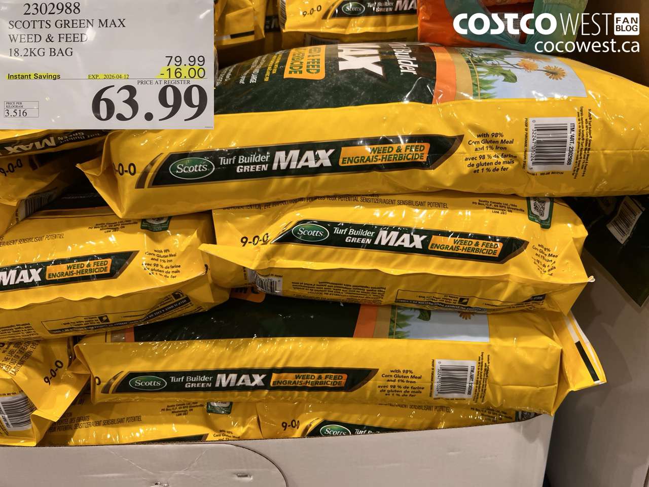 2302988 SCOTTS GREEN MAX WEED & FEED 18.2KG BAG ($16.00 INSTANT SAVINGS EXPIRES ON 2026-04-12) $63.99