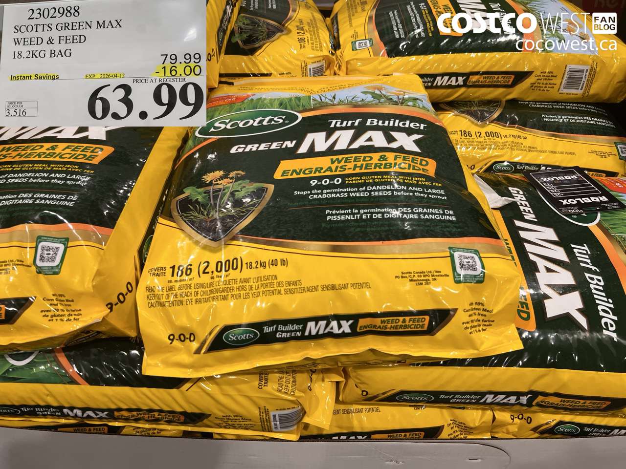 2302988 SCOTTS GREEN MAX WEED & FEED 18.2KG BAG ($16.00 INSTANT SAVINGS EXPIRES ON 2026-04-12) $63.99