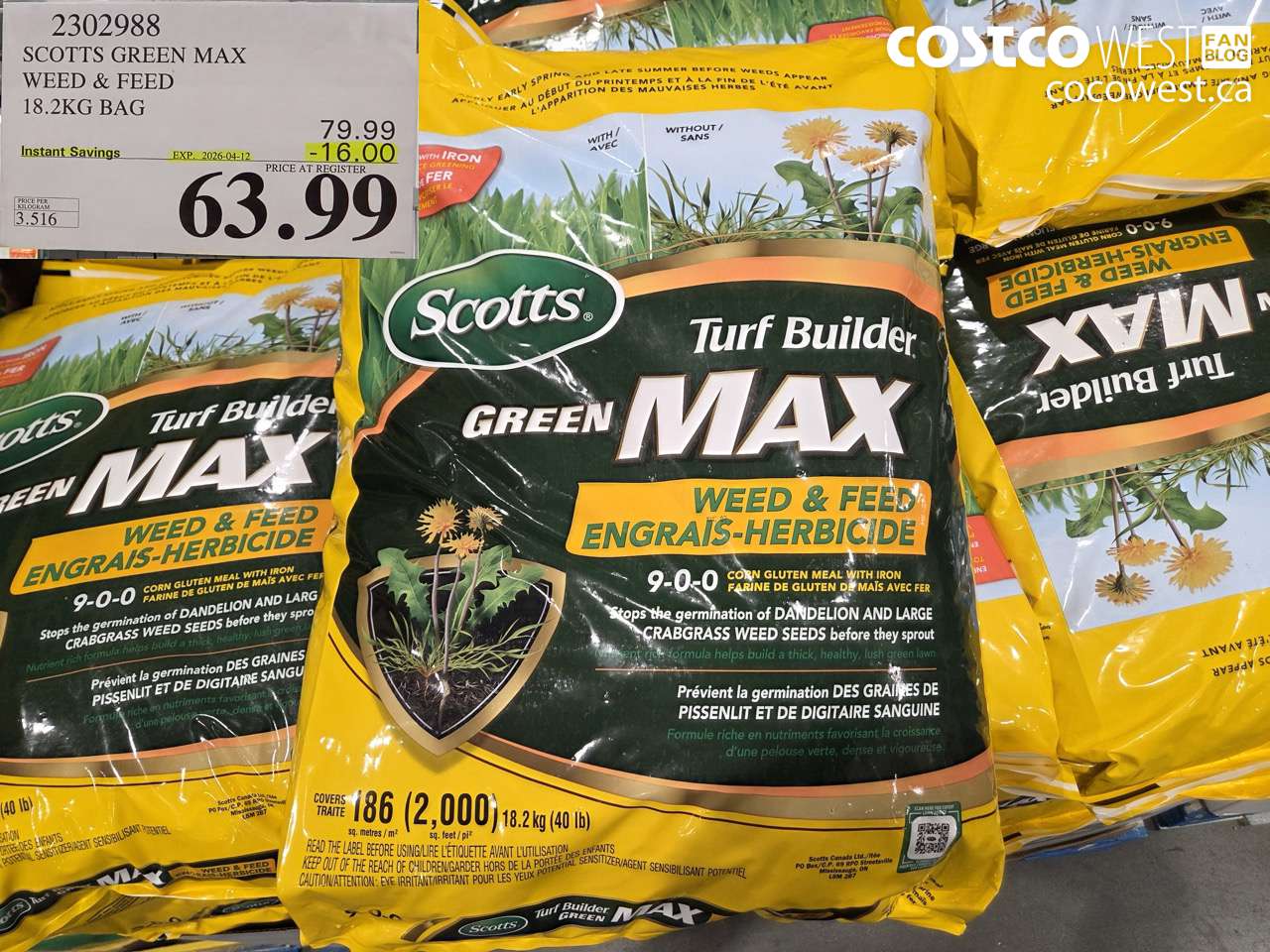 2302988 SCOTTS GREEN MAX WEED & FEED 18.2KG BAG ($16.00 INSTANT SAVINGS EXPIRES ON 2026-04-12) $63.99