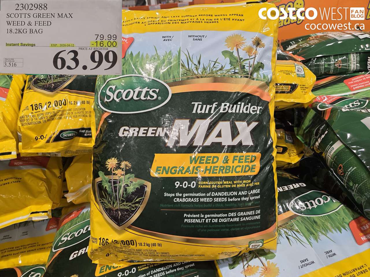 2302988 SCOTTS GREEN MAX WEED & FEED 18.2KG BAG ($16.00 INSTANT SAVINGS EXPIRES ON 2026-04-12) $63.99