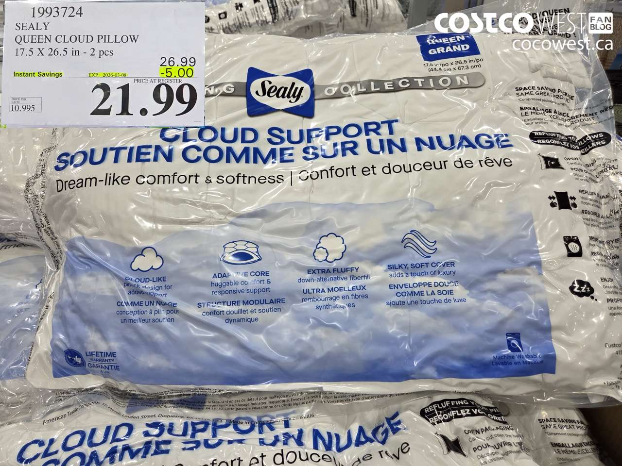 1993724 SEALY QUEEN CLOUD PILLOW 17.5 X 26.5 IN - 2 PCS ($5.00 INSTANT SAVINGS EXPIRES ON 2026-03-08) $21.99