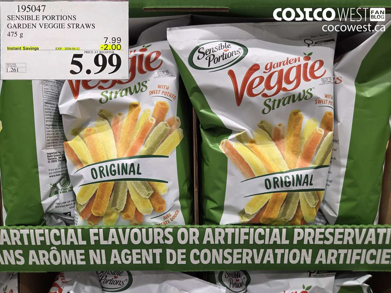 195047 SENSIBLE PORTIONS GARDEN VEGGIE STRAWS 475G ($2.00 INSTANT SAVINGS EXPIRES ON 2026-04-12) $5.99