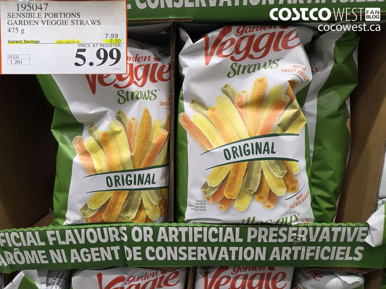 195047 SENSIBLE PORTIONS GARDEN VEGGIE STRAWS 475 G ($2.00 INSTANT SAVINGS EXPIRES ON 2026-04-12) $5.99