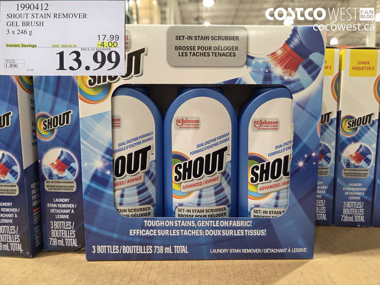 1990412 SHOUT STAIN REMOVER GEL BRUSH 3 X 246G ($4.00 INSTANT SAVINGS EXPIRES ON 2026-03-29) $13.99