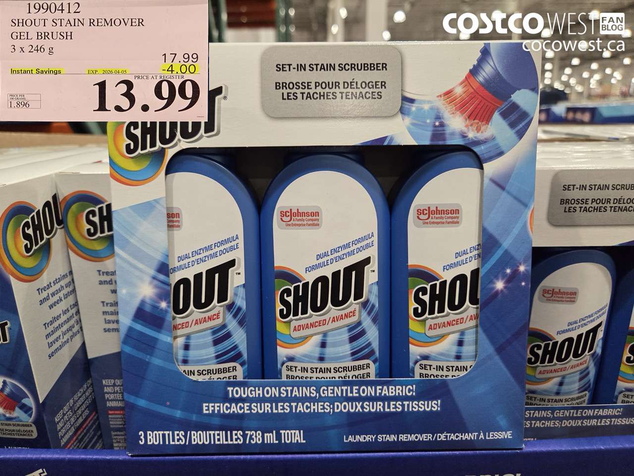 19904112 SHOUT STAIN REMOVER GEL BRUSH 3 X 246 G ($4.00 INSTANT SAVINGS EXPIRES ON 2026-04-05) $13.99
